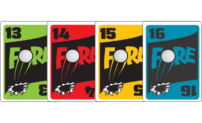 Four numbered playing cards in green, red, yellow, and black with "FORE" text and graphic designs.