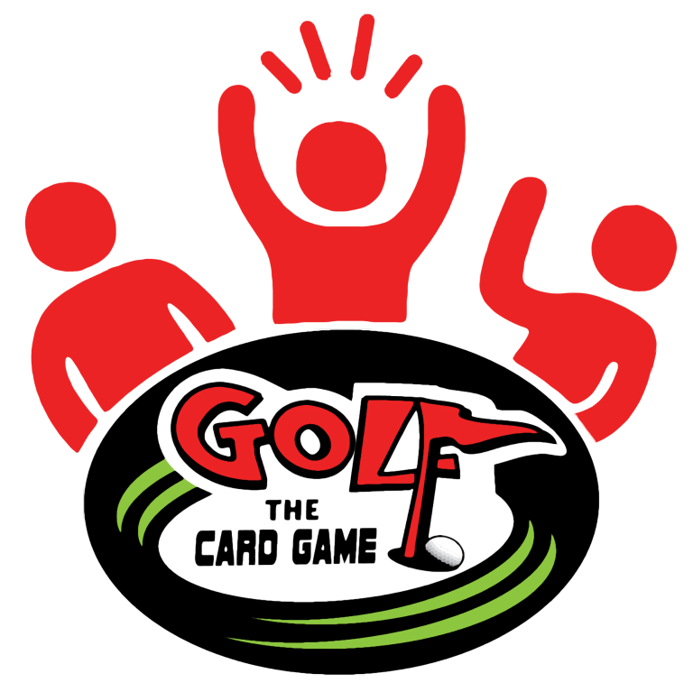 Red figures celebrating around a logo for "Golf: The Card Game."