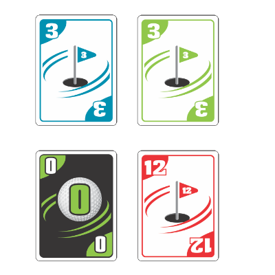 Four playing cards featuring numbers 3, 0, and 12 with flags on a golf course.