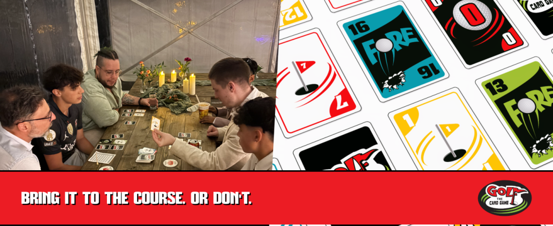 Group of people playing a card game at a table, with colorful game cards nearby.