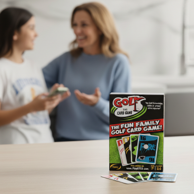 Two women enjoying a card game with a colorful game box displayed in front.