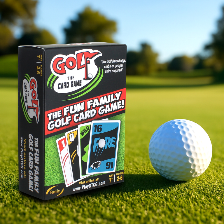 Picture of Golf-themed Card game titled "Golf the card game" Box next to a golf ball on a grassy field.