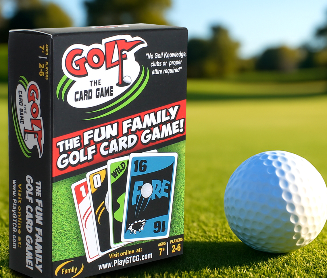 Picture of Golf-themed Card game titled "Golf the card game" box on a putting green with golf ball next to it and golf card game theme