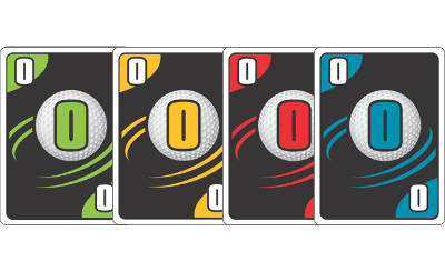 Four playing cards featuring a large "0" in different colors: green, yellow, red, and blue.