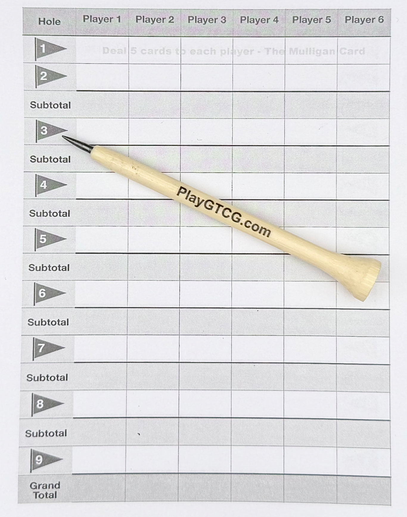 Score sheet with rows for players and a wooden pencil with a pointed tip.