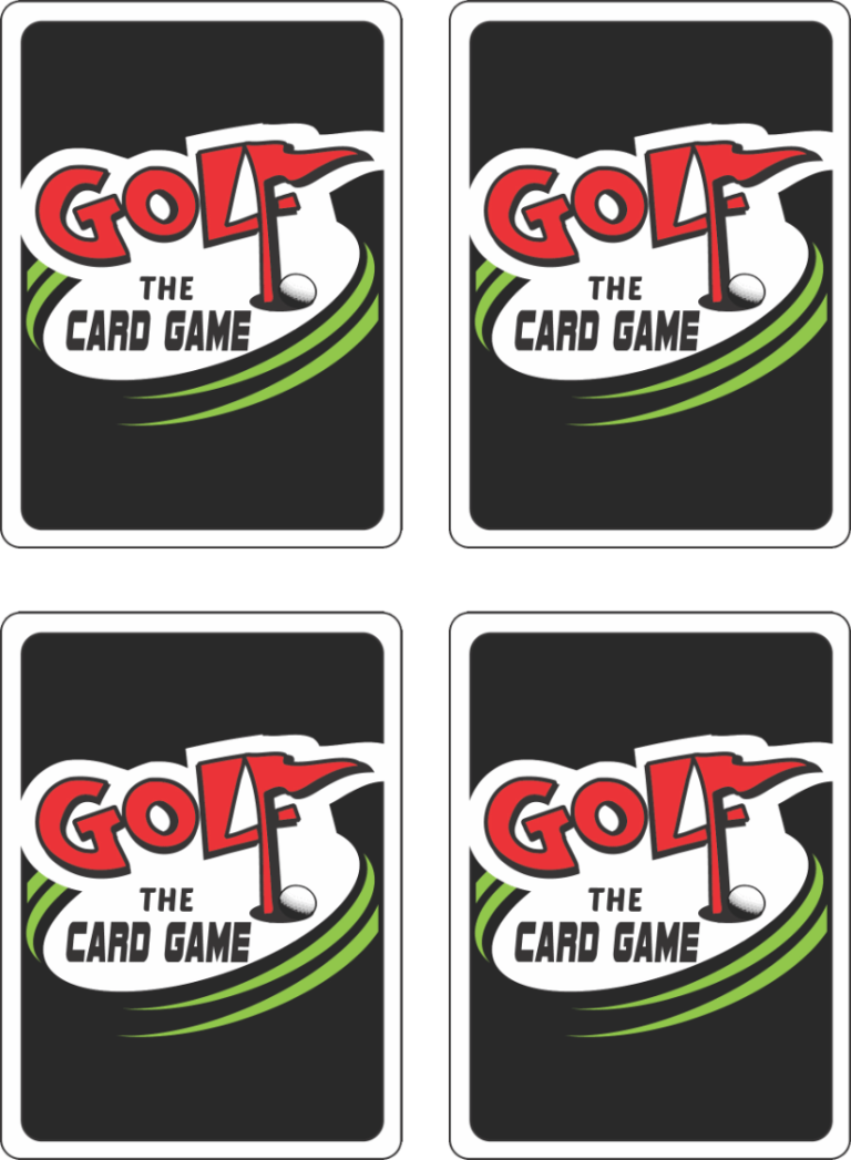 Four playing cards featuring the title "Golf: The Card Game" with a golf flag design.