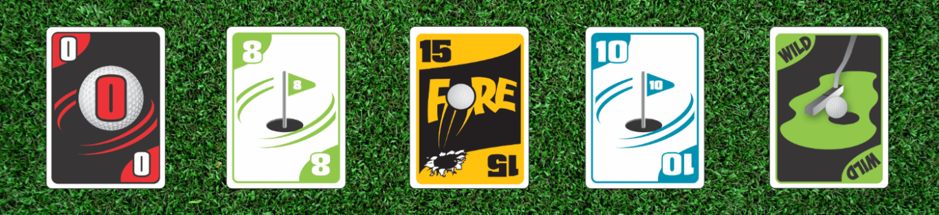 Picture of Golf-themed Card game titled "Golf the card game" Five golf game playing cards on grass, featuring various designs and colors.