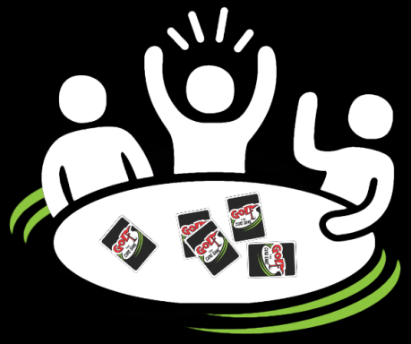 Three stylized figures around a table, with one raising hands in celebration and bags on the surface.