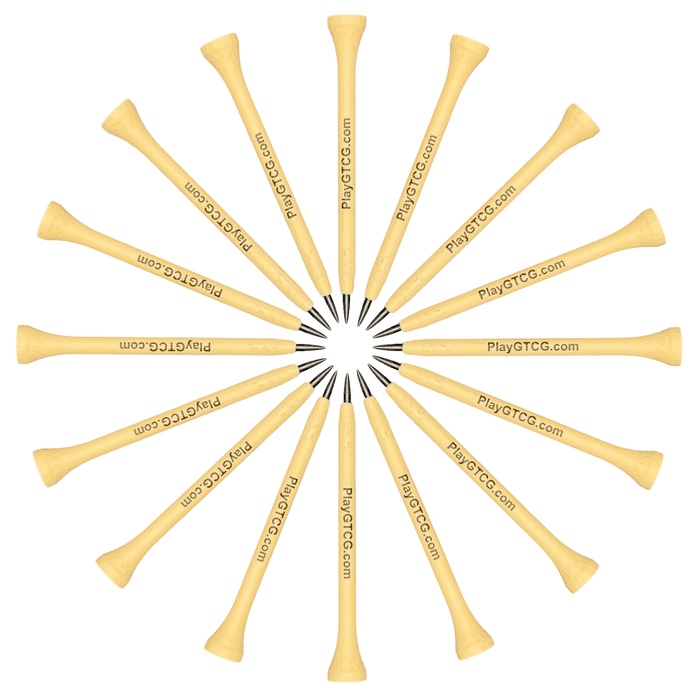 A circular arrangement of yellow golf tees radiating from a central point.