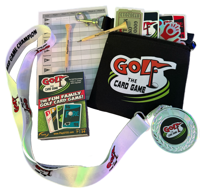 Golf-themed card game set including a scorecard, game instructions, and a measuring tape.