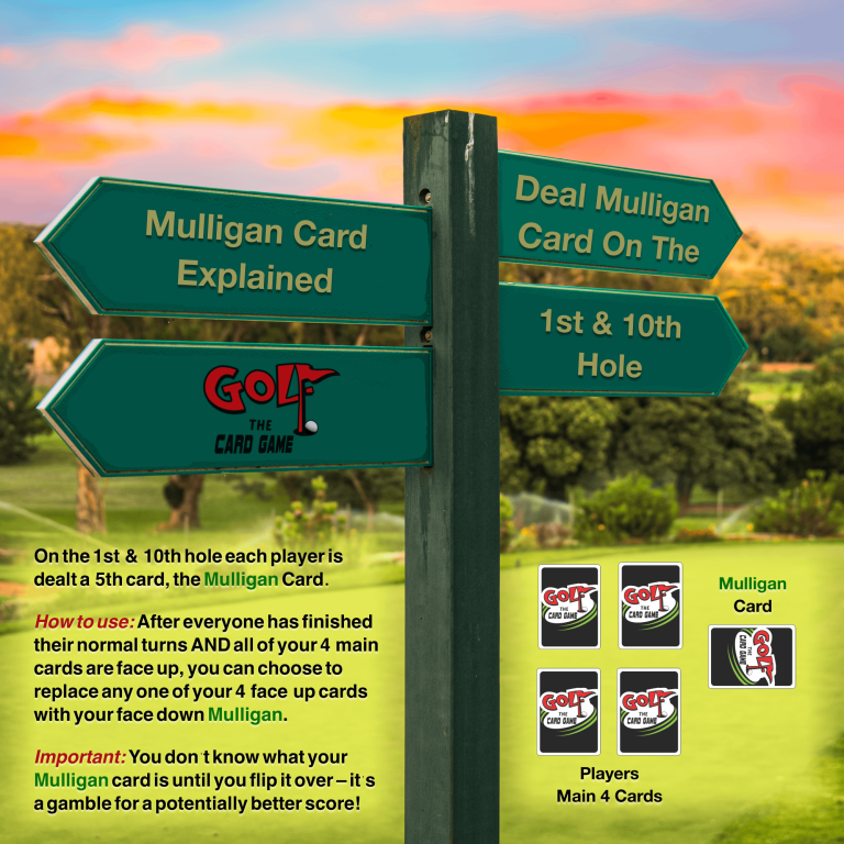 Signpost with directions for golf, including "Mulligan Card Explained" and game instructions.
