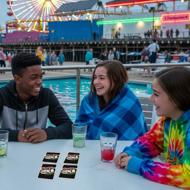 Three friends at a table by the water, smiling and playing cards, with a ferris wheel in the background.