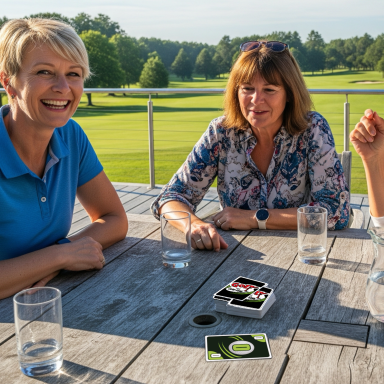 Three women smiling and playing cards on a wooden table outdoors with a green landscape.