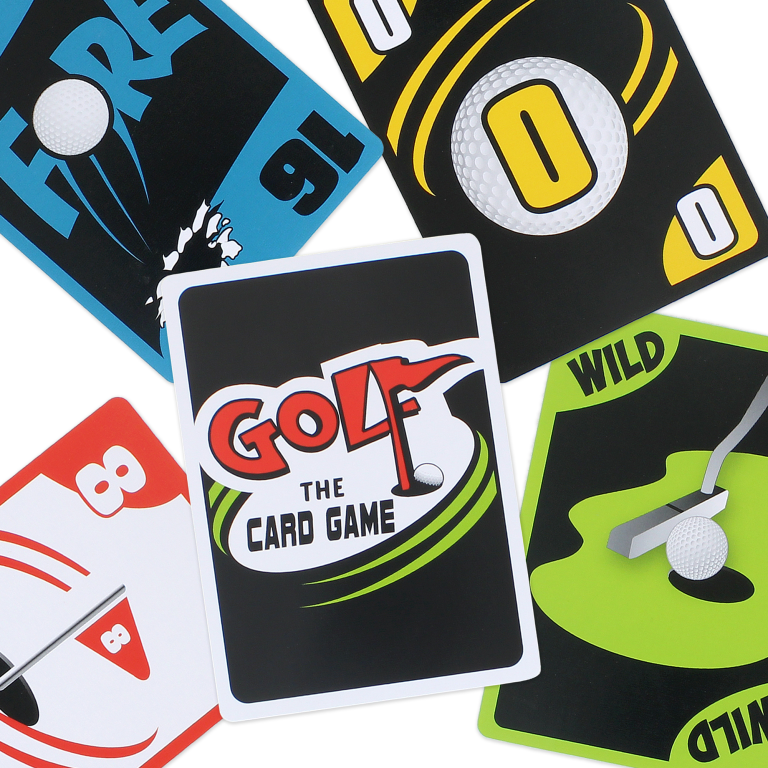 Picture of Golf-themed Card game titled "Golf the card game" colorful playing cards featuring numbers and golf game related graphics.